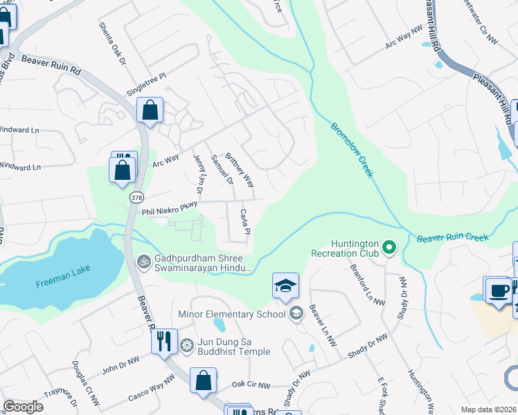 map of restaurants, bars, coffee shops, grocery stores, and more near 4108 Phil Niekro Parkway in Norcross
