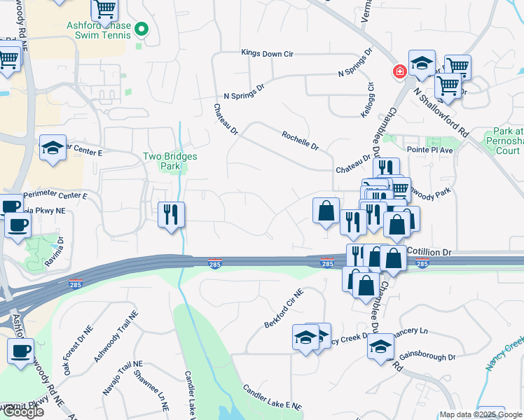 map of restaurants, bars, coffee shops, grocery stores, and more near 1619 Bishop Hollow Run in Dunwoody