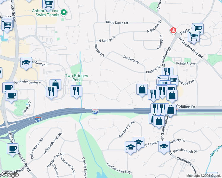map of restaurants, bars, coffee shops, grocery stores, and more near 4351 Bishop Hollow Court in Dunwoody