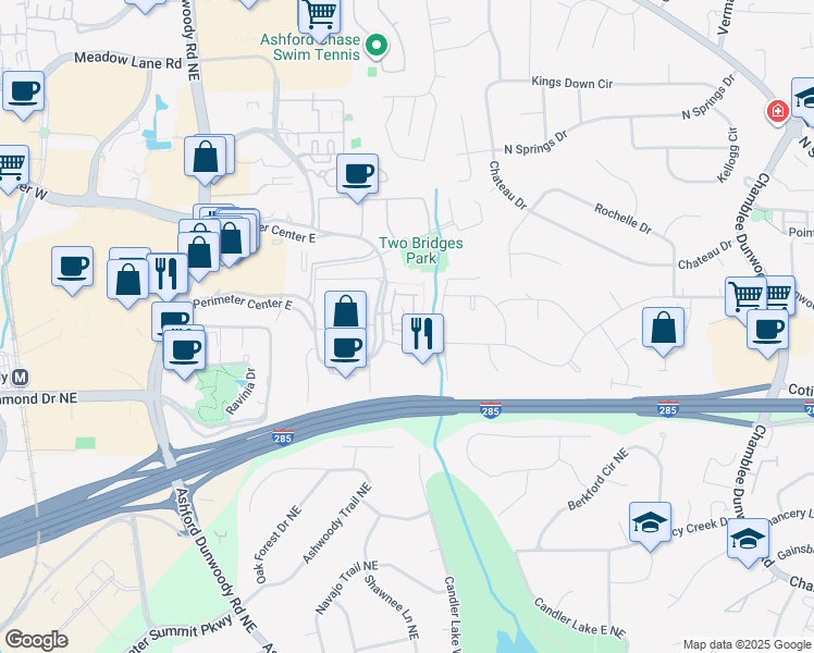 map of restaurants, bars, coffee shops, grocery stores, and more near 4340 Old Georgetown Trail in Dunwoody