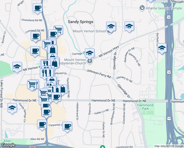 map of restaurants, bars, coffee shops, grocery stores, and more near 6146 Kayron Drive in Sandy Springs