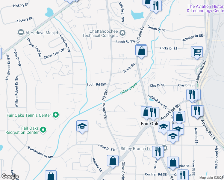 map of restaurants, bars, coffee shops, grocery stores, and more near 101 Grampian Court in Marietta