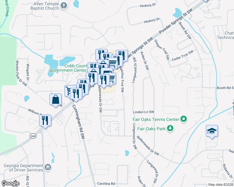 map of restaurants, bars, coffee shops, grocery stores, and more near 1276 Natchez Trce Southwest in Marietta