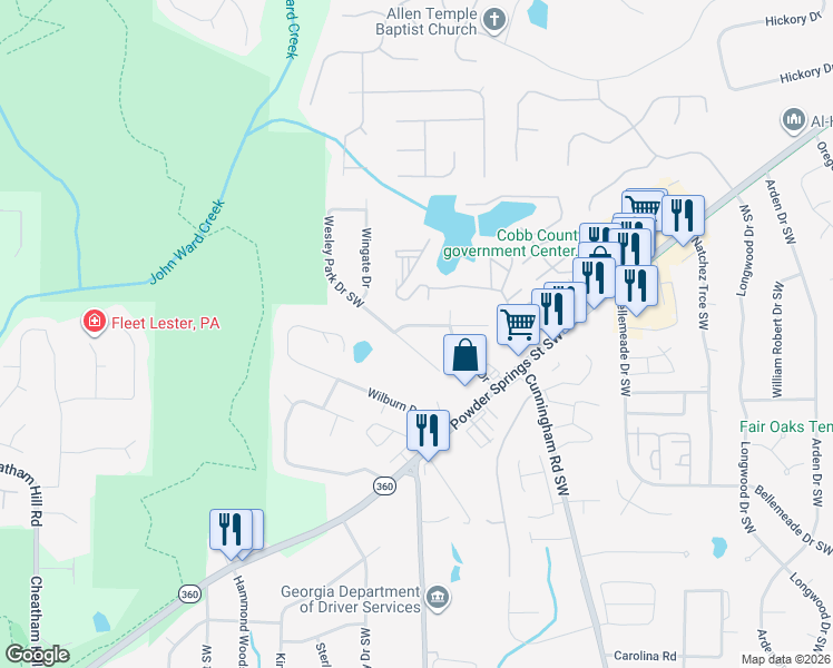 map of restaurants, bars, coffee shops, grocery stores, and more near 1010 Wesley Park Drive Southwest in Marietta