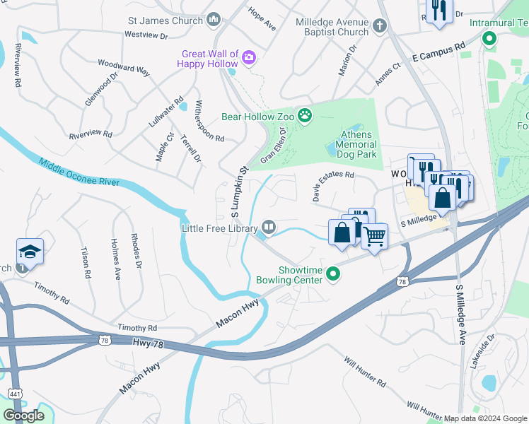 map of restaurants, bars, coffee shops, grocery stores, and more near 200 Downing Way in Athens