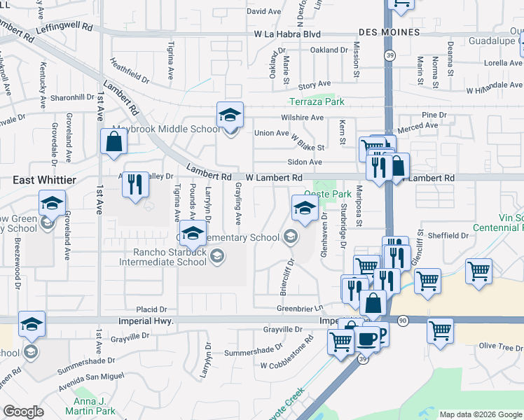 map of restaurants, bars, coffee shops, grocery stores, and more near 810 Ridgehaven Drive in La Habra