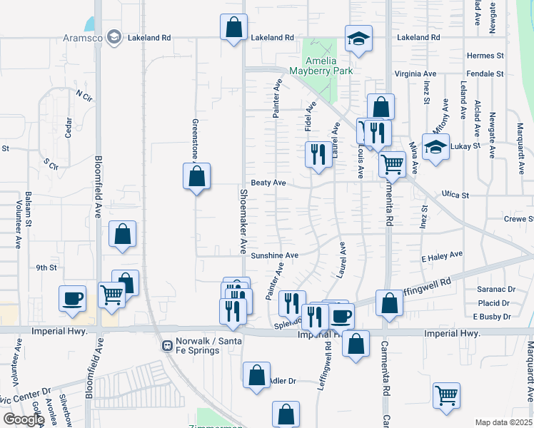 map of restaurants, bars, coffee shops, grocery stores, and more near 12008 Shoemaker Avenue in Whittier