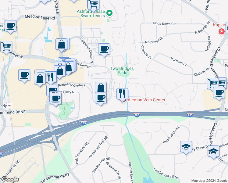 map of restaurants, bars, coffee shops, grocery stores, and more near 4228 Townsend lane in Dunwoody