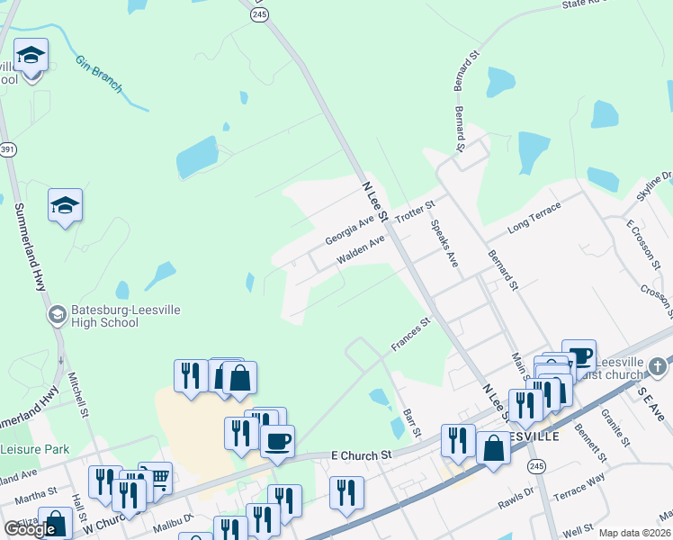map of restaurants, bars, coffee shops, grocery stores, and more near 6 Tall Timber Drive in Batesburg-Leesville