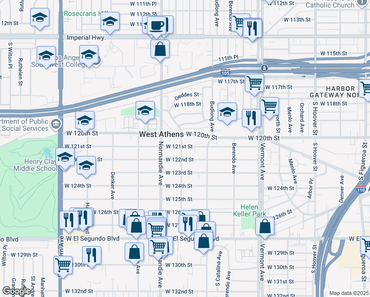map of restaurants, bars, coffee shops, grocery stores, and more near 1258 West 121st Street in Los Angeles