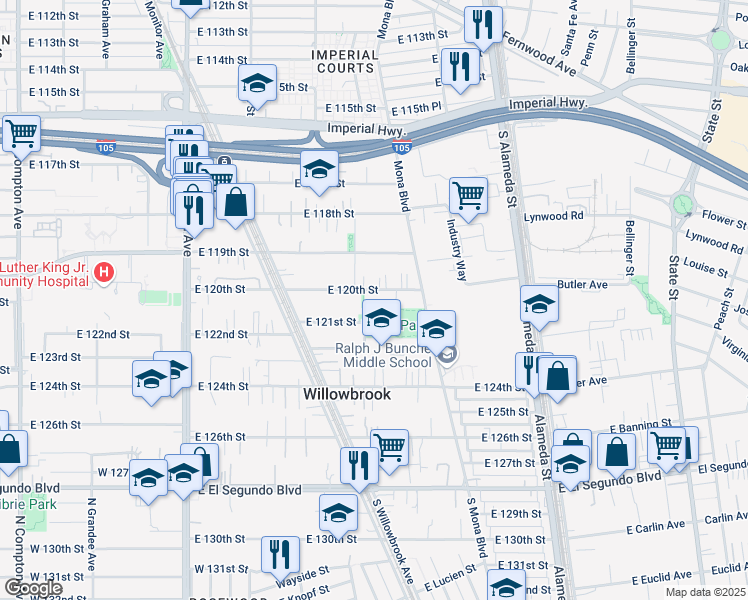map of restaurants, bars, coffee shops, grocery stores, and more near 2291 East 121st Street in Compton