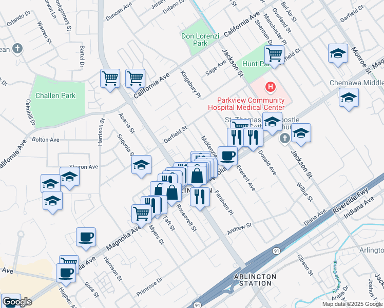 map of restaurants, bars, coffee shops, grocery stores, and more near 3910 Castleman Street in Riverside