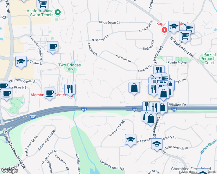 map of restaurants, bars, coffee shops, grocery stores, and more near 1619 Bishop Hollow Run in Dunwoody