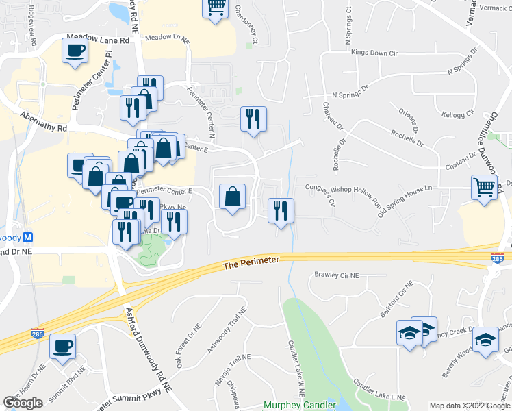 map of restaurants, bars, coffee shops, grocery stores, and more near 1455 Lincoln Parkway East in Dunwoody