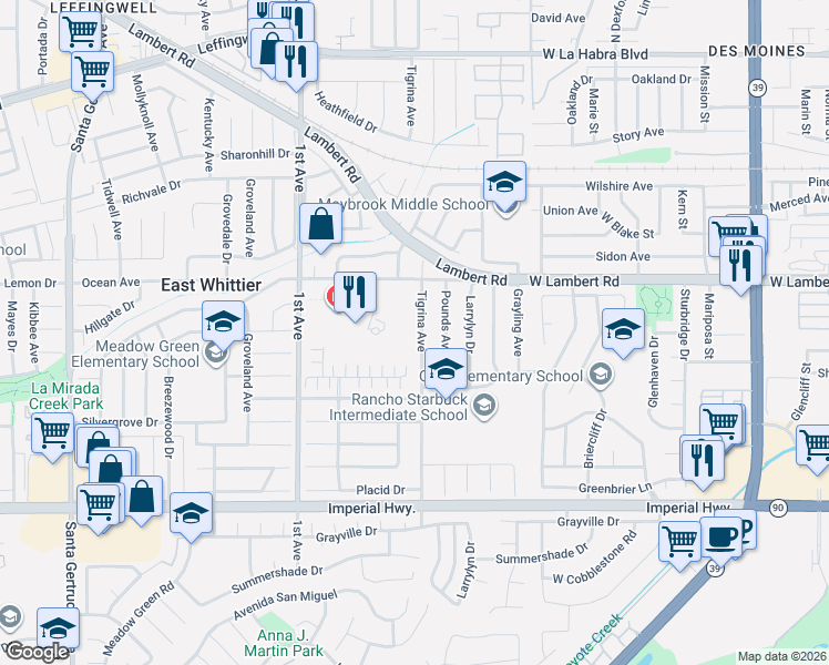 map of restaurants, bars, coffee shops, grocery stores, and more near 11915 Tigrina Avenue in Whittier