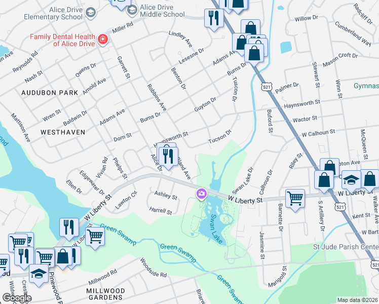 map of restaurants, bars, coffee shops, grocery stores, and more near 1 Tucson Drive in Sumter