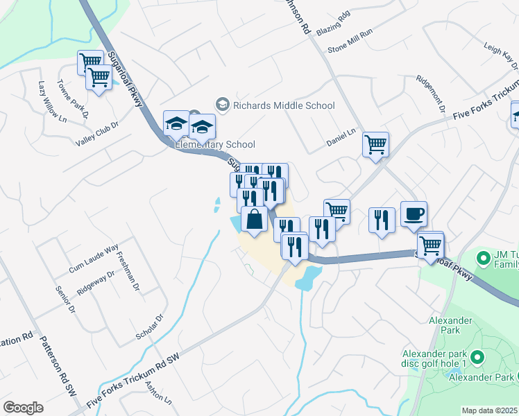 map of restaurants, bars, coffee shops, grocery stores, and more near 3390 Sugarloaf Parkway in Lawrenceville