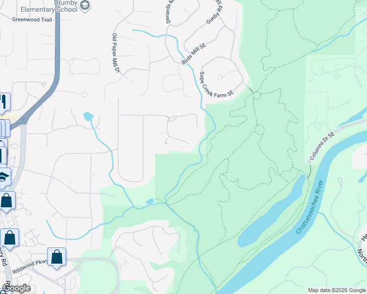 map of restaurants, bars, coffee shops, grocery stores, and more near 1082 Woodruff Plantation in Marietta