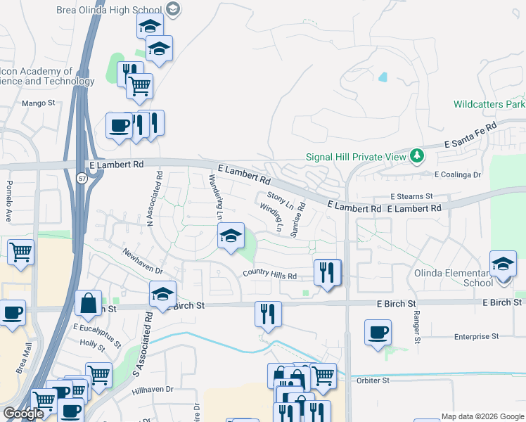 map of restaurants, bars, coffee shops, grocery stores, and more near 332 Winding Lane in Brea