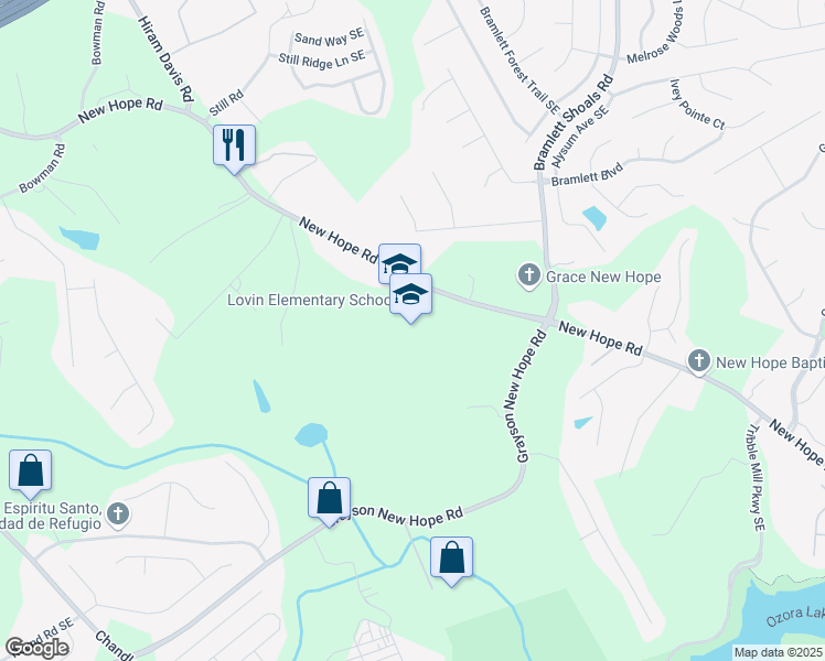 map of restaurants, bars, coffee shops, grocery stores, and more near 1705 New Hope Road in Lawrenceville