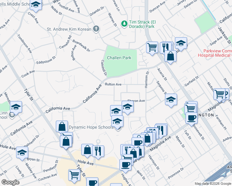 map of restaurants, bars, coffee shops, grocery stores, and more near 4163 Selma Avenue in Riverside