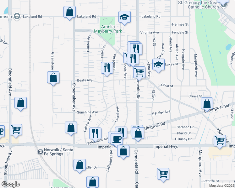 map of restaurants, bars, coffee shops, grocery stores, and more near 11920 Laurel Avenue in Whittier