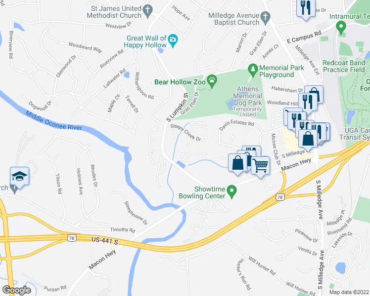 map of restaurants, bars, coffee shops, grocery stores, and more near 200 Downing Way in Athens