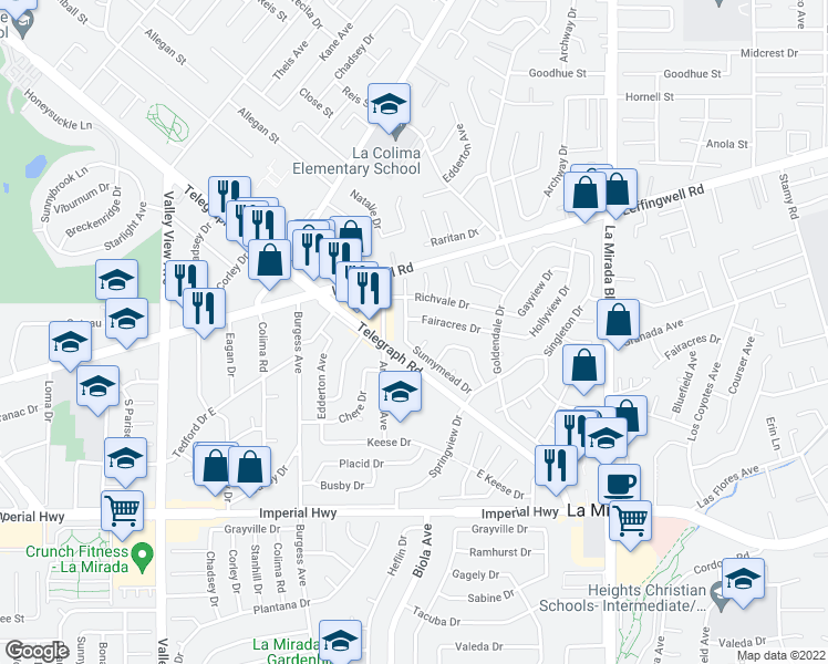 map of restaurants, bars, coffee shops, grocery stores, and more near 11838 Rimrock Dr in La Mirada