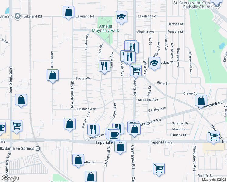map of restaurants, bars, coffee shops, grocery stores, and more near 11922 Laurel Avenue in Whittier