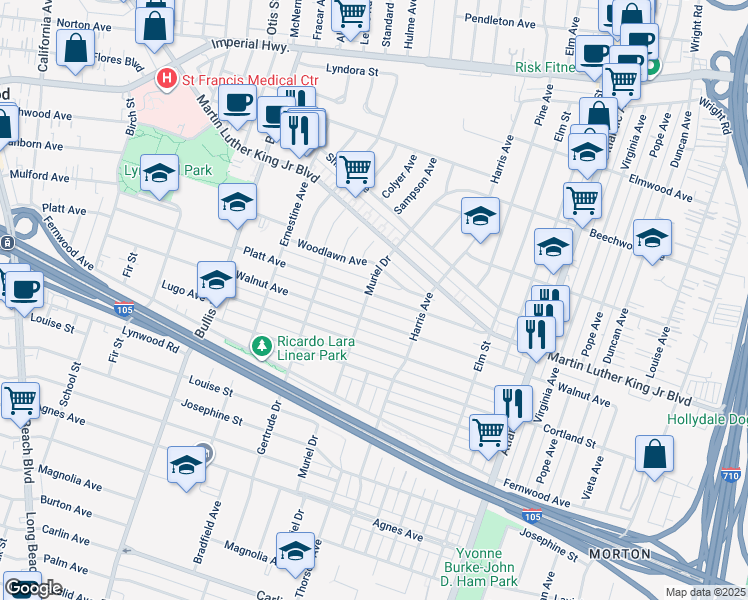 map of restaurants, bars, coffee shops, grocery stores, and more near 4000 Platt Avenue in Lynwood