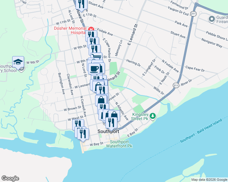 map of restaurants, bars, coffee shops, grocery stores, and more near 313 East Brown Street in Southport