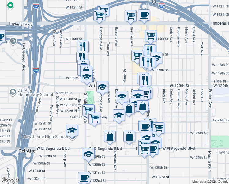 map of restaurants, bars, coffee shops, grocery stores, and more near 12035 Ramona Avenue in Hawthorne