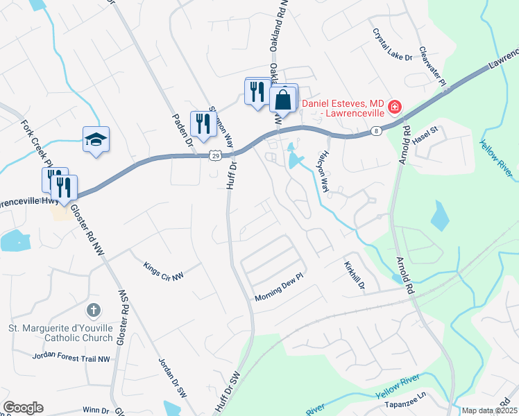 map of restaurants, bars, coffee shops, grocery stores, and more near 252 Quay Drive in Lawrenceville