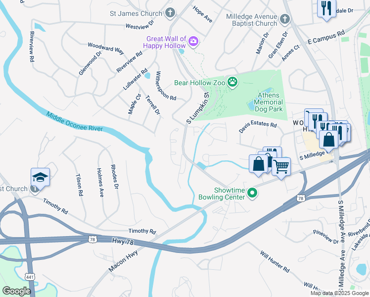 map of restaurants, bars, coffee shops, grocery stores, and more near 2305 South Lumpkin Street in Athens