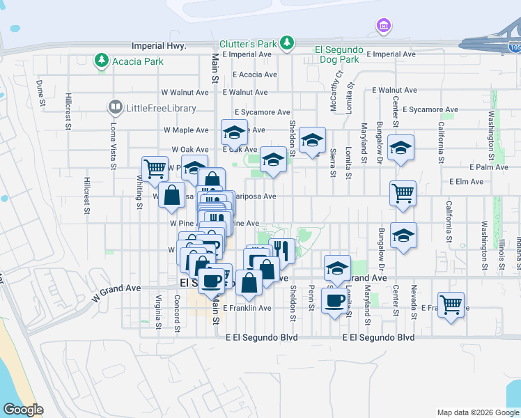 map of restaurants, bars, coffee shops, grocery stores, and more near 325 East Pine Avenue in El Segundo