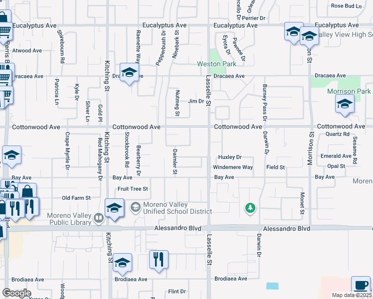 map of restaurants, bars, coffee shops, grocery stores, and more near 25891 Margarita Street in Moreno Valley