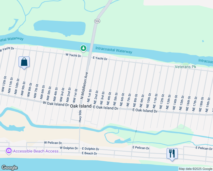 map of restaurants, bars, coffee shops, grocery stores, and more near 132 Northeast 3rd Street in Oak Island