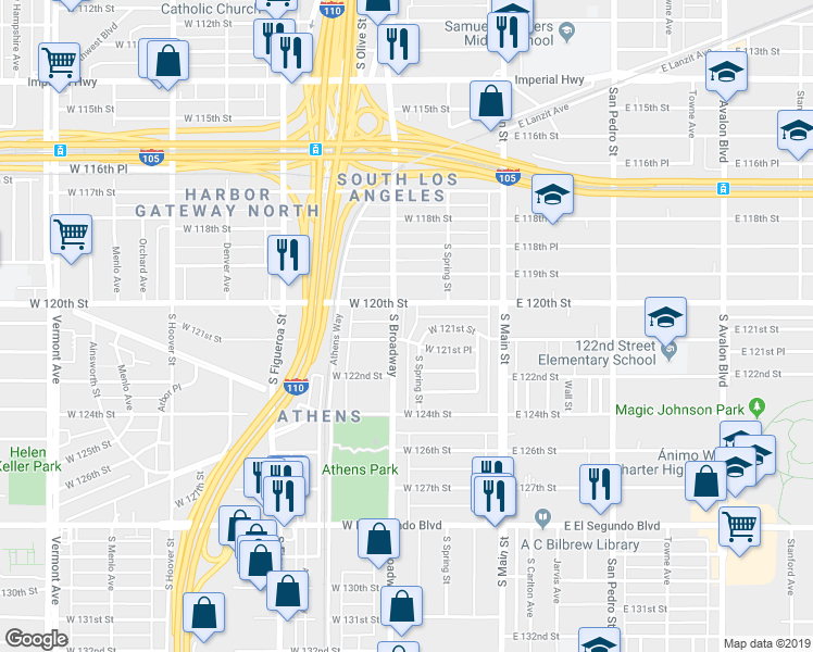 map of restaurants, bars, coffee shops, grocery stores, and more near 12076 South Broadway in Los Angeles