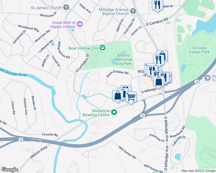 map of restaurants, bars, coffee shops, grocery stores, and more near 160 Heatherwood Lane in Athens