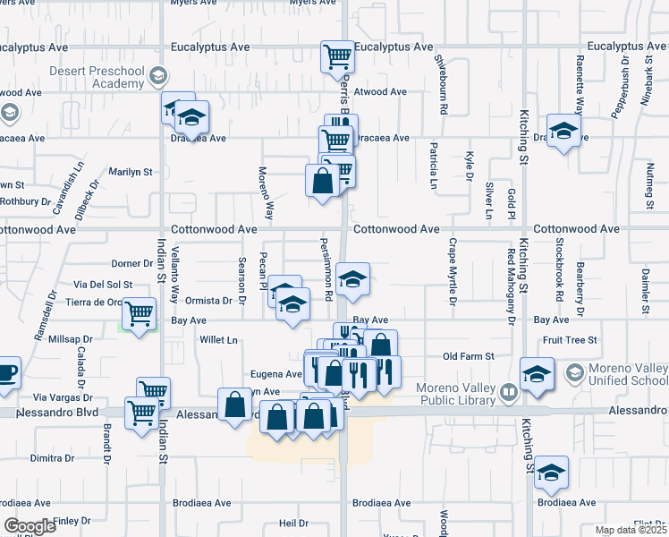 map of restaurants, bars, coffee shops, grocery stores, and more near 13612 Persimmon Road in Moreno Valley