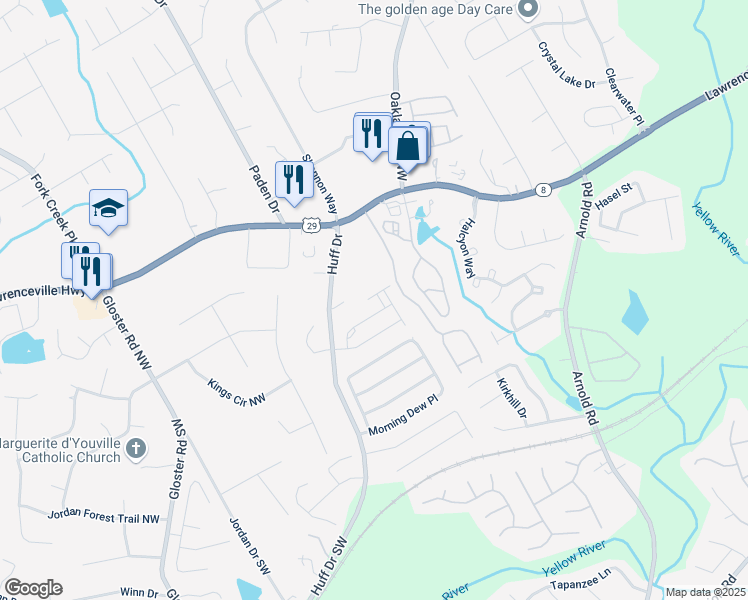 map of restaurants, bars, coffee shops, grocery stores, and more near 262 Quay Drive in Lawrenceville