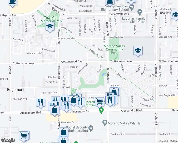map of restaurants, bars, coffee shops, grocery stores, and more near 13624 Player Court in Moreno Valley