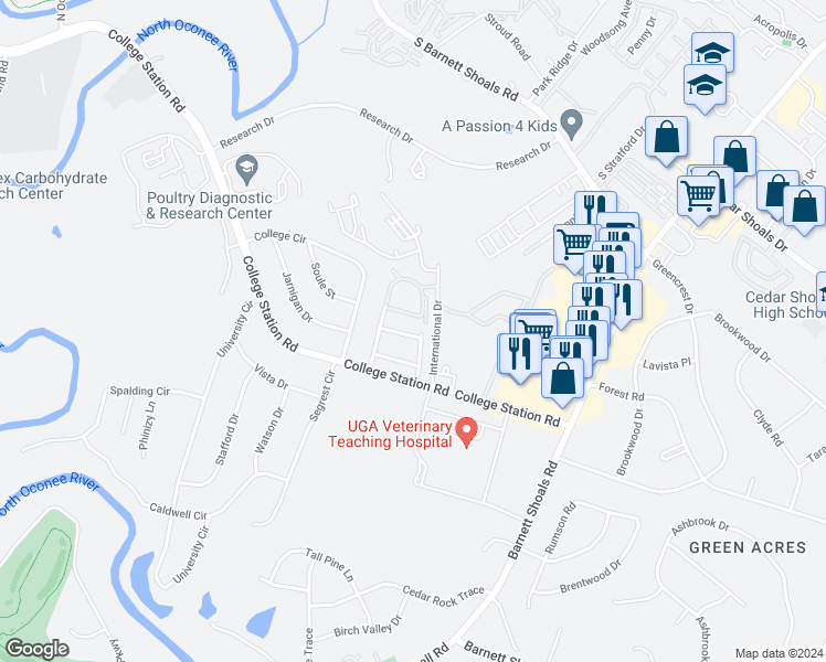 map of restaurants, bars, coffee shops, grocery stores, and more near 144 Sandburg Street in Athens