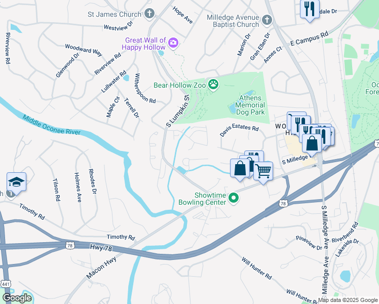 map of restaurants, bars, coffee shops, grocery stores, and more near 175 Eaglewood Way in Athens