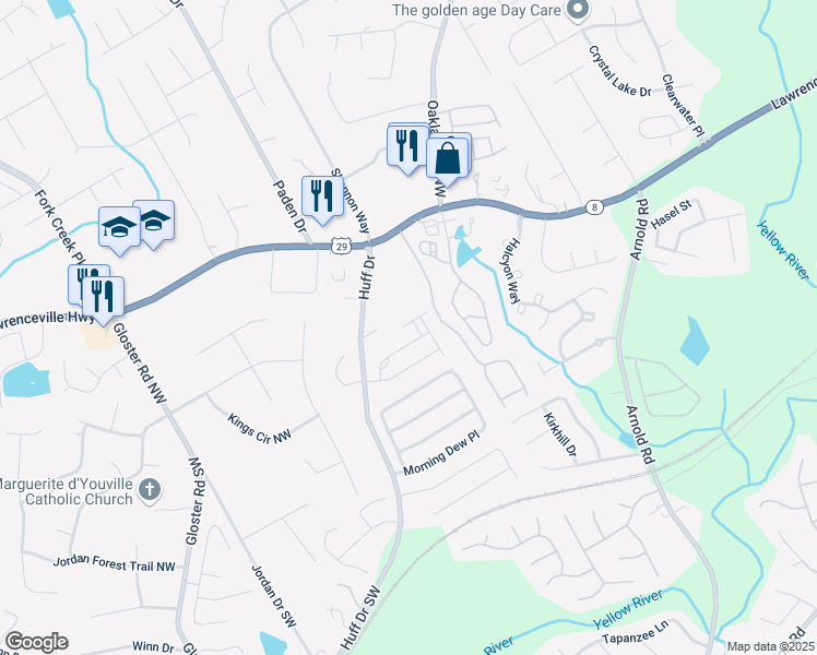 map of restaurants, bars, coffee shops, grocery stores, and more near 262 Quay Drive in Lawrenceville