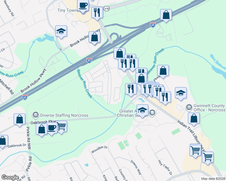 map of restaurants, bars, coffee shops, grocery stores, and more near 1634 Cove Creek Circle in Norcross