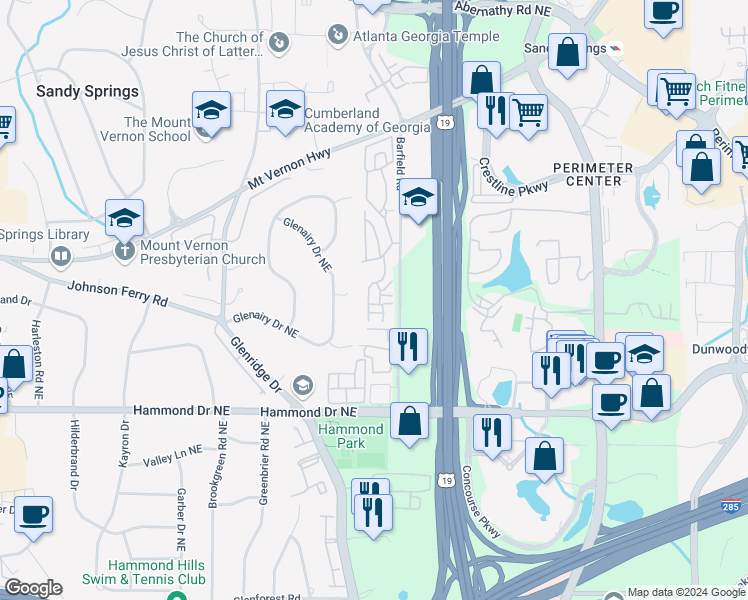 map of restaurants, bars, coffee shops, grocery stores, and more near 270 The South Chace Northeast in Atlanta