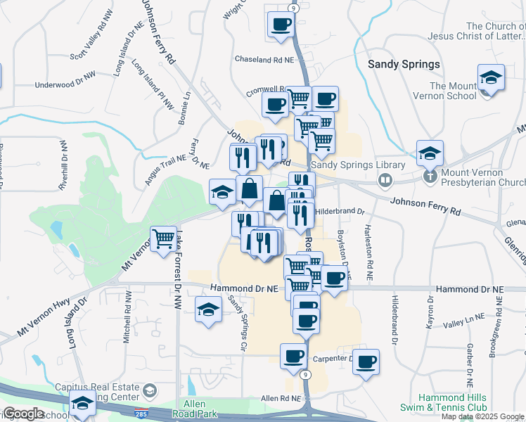 map of restaurants, bars, coffee shops, grocery stores, and more near 145 Hilderbrand Drive in Atlanta