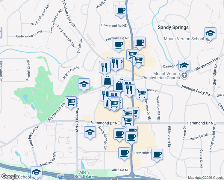 map of restaurants, bars, coffee shops, grocery stores, and more near 145 Hilderbrand Drive in Atlanta