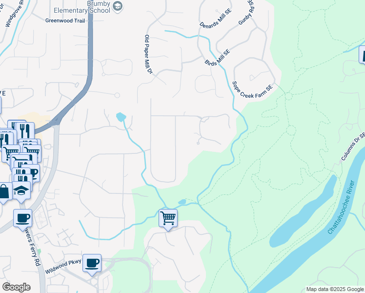 map of restaurants, bars, coffee shops, grocery stores, and more near 1348 Timberland Drive in Marietta